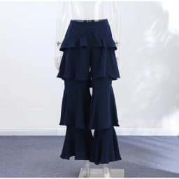 Fashion Navy Blue Tiered Ruffle Pants Women's High Waist Wide Leg Long Trousers 2026 New Ladies Casual Vacation Streetwear