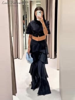 Fashion Navy Blue Tiered Ruffle Pants Women's High Waist Wide Leg Long Trousers 2026 New Ladies Casual Vacation Streetwear