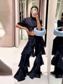 Fashion Navy Blue Tiered Ruffle Pants Women's High Waist Wide Leg Long Trousers 2026 New Ladies Casual Vacation Streetwear