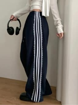 Korean Style Casual Pants Women's Lace Trim Splice Elastic Waist Long Trousers Versatile Slimming Design Winter New Style