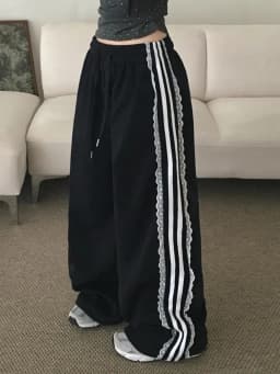 Korean Style Casual Pants Women's Lace Trim Splice Elastic Waist Long Trousers Versatile Slimming Design Winter New Style