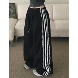 Korean Style Casual Pants Women's Lace Trim Splice Elastic Waist Long Trousers Versatile Slimming Design Winter New Style