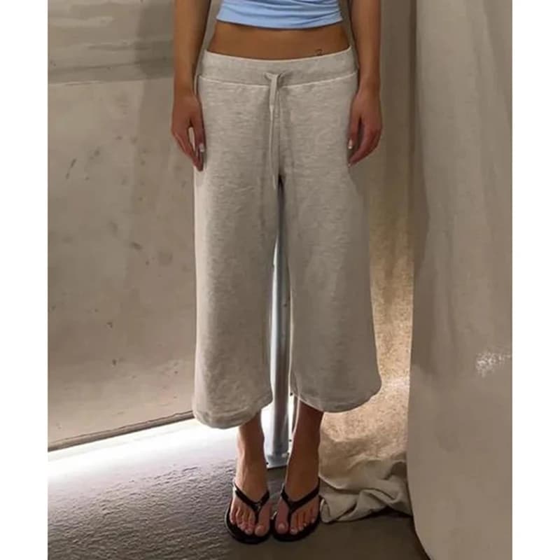 Combhasaki Women's Calf-Length Capri Pants Y2k Drawstring Elastic Low Rise Gaucho Wide Leg Cropped Yoga Culotte Pajama Bottoms