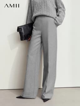 AMII Minimalist Women's Commuter Style Casual Pants 2024 Winter Female Classic High Waist Woolen Loose Wide-leg Pant 12424049