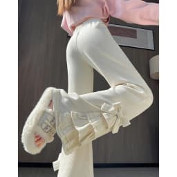 Harajuku Corduroy Flare Pants Women Japanese Cute Bow Lace Patchwork Pants Winter Streetwear Kawaii High Waist Casual Trousers
