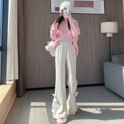 Harajuku Corduroy Flare Pants Women Japanese Cute Bow Lace Patchwork Pants Winter Streetwear Kawaii High Waist Casual Trousers