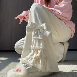 Harajuku Corduroy Flare Pants Women Japanese Cute Bow Lace Patchwork Pants Winter Streetwear Kawaii High Waist Casual Trousers
