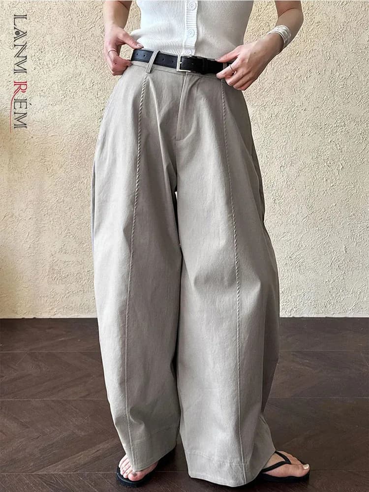 [LANMREM] American Style Vintage Wide Leg Pants For Women High Waist Solid Color Minimalism Casual Trousers 26Z1707