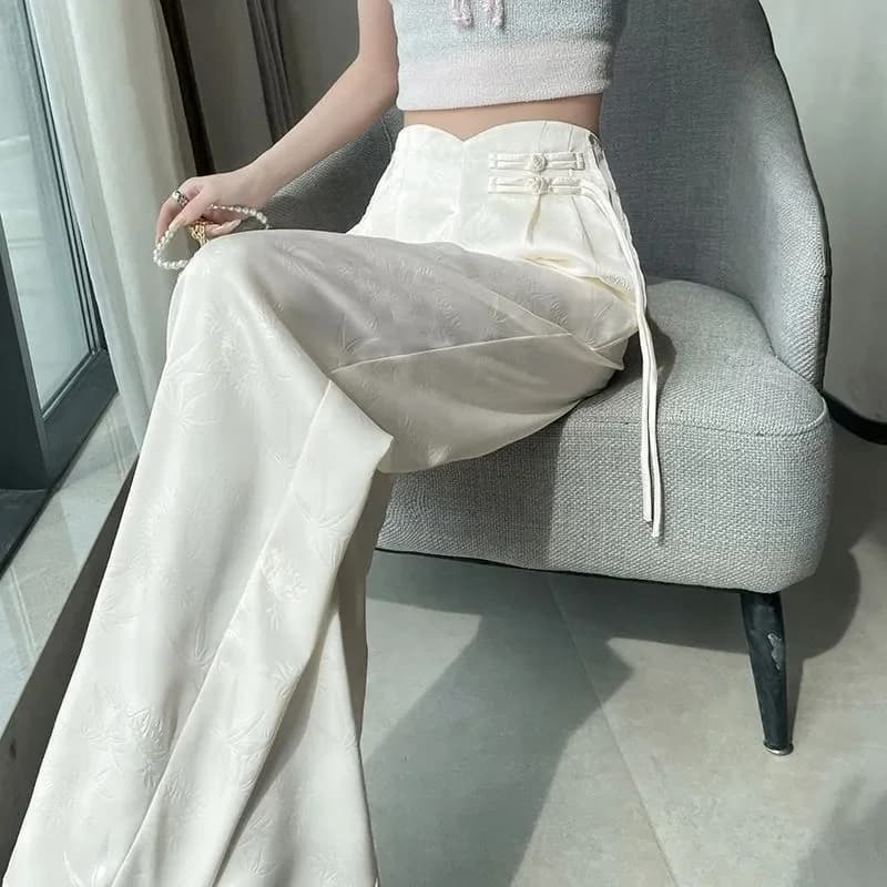 Lady Fashion Jacquard Straight-leg Trousers Spring Summer Female Leisure Wide Leg Pants 2025 Women High Waist Loose Pantalons 