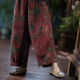 Johnature Women Vintage Print Floral Red Wide Leg Pants Elastic Waist Loose Cotton Trousers 2025 Autumn New Chinese Style Pants