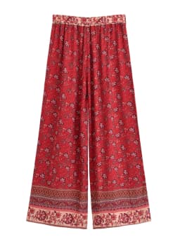Vintage Chic Women Red Floral Bohemian Wide Leg Pants Lady Elastic Waist Loose Vacation Boho Long Pants Oversize Trousers
