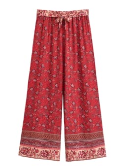 Vintage Chic Women Red Floral Bohemian Wide Leg Pants Lady Elastic Waist Loose Vacation Boho Long Pants Oversize Trousers