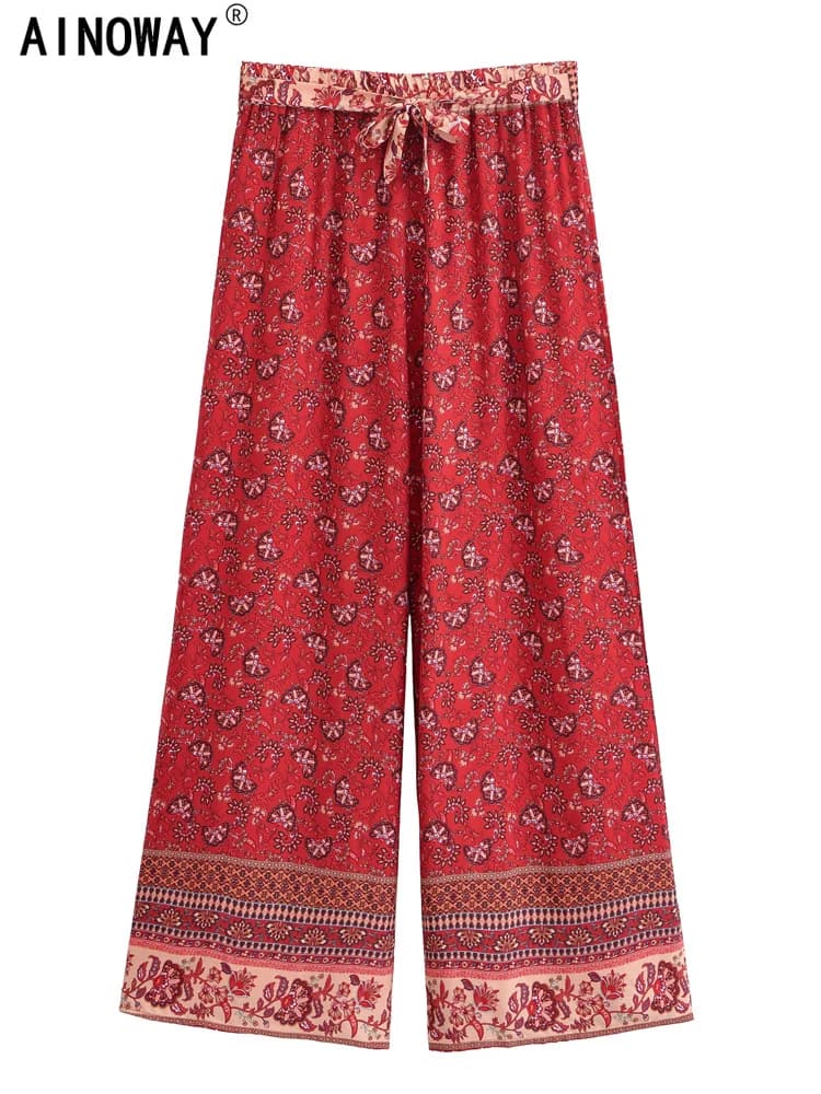 Vintage Chic Women Red Floral Bohemian Wide Leg Pants Lady Elastic Waist Loose Vacation Boho Long Pants Oversize Trousers