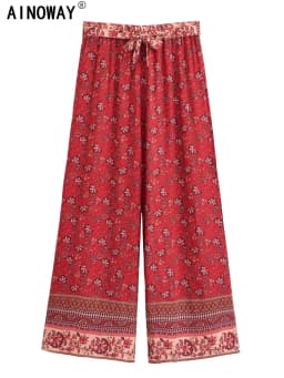 Vintage Chic Women Red Floral Bohemian Wide Leg Pants Lady Elastic Waist Loose Vacation Boho Long Pants Oversize Trousers