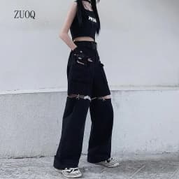 New Fashion Black Pants Women 2025 Detachable Casual Korean Cargo Wide Leg Pant Woman