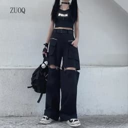 New Fashion Black Pants Women 2025 Detachable Casual Korean Cargo Wide Leg Pant Woman