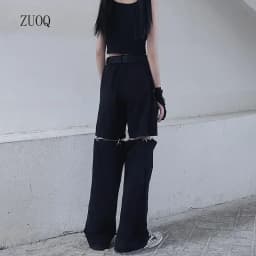 New Fashion Black Pants Women 2025 Detachable Casual Korean Cargo Wide Leg Pant Woman