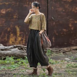 Johnature Women Vintage Ramie Wide Leg Pants Solid Color Elastic Waist Trouser 2025 New Spring Patchwork Women Pants