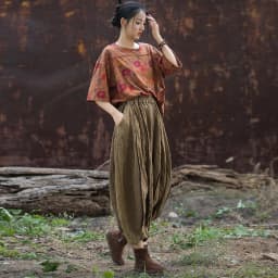 Johnature Women Vintage Ramie Wide Leg Pants Solid Color Elastic Waist Trouser 2025 New Spring Patchwork Women Pants
