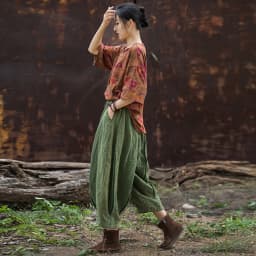 Johnature Women Vintage Ramie Wide Leg Pants Solid Color Elastic Waist Trouser 2025 New Spring Patchwork Women Pants