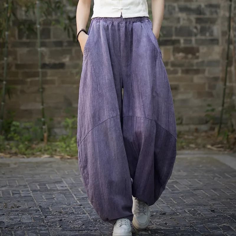 Johnature Women Vintage Ramie Bloomers Pants Elastic Waist Tie-dye 2025 Summer New Pockets Trousers Casual Loose Women Pants