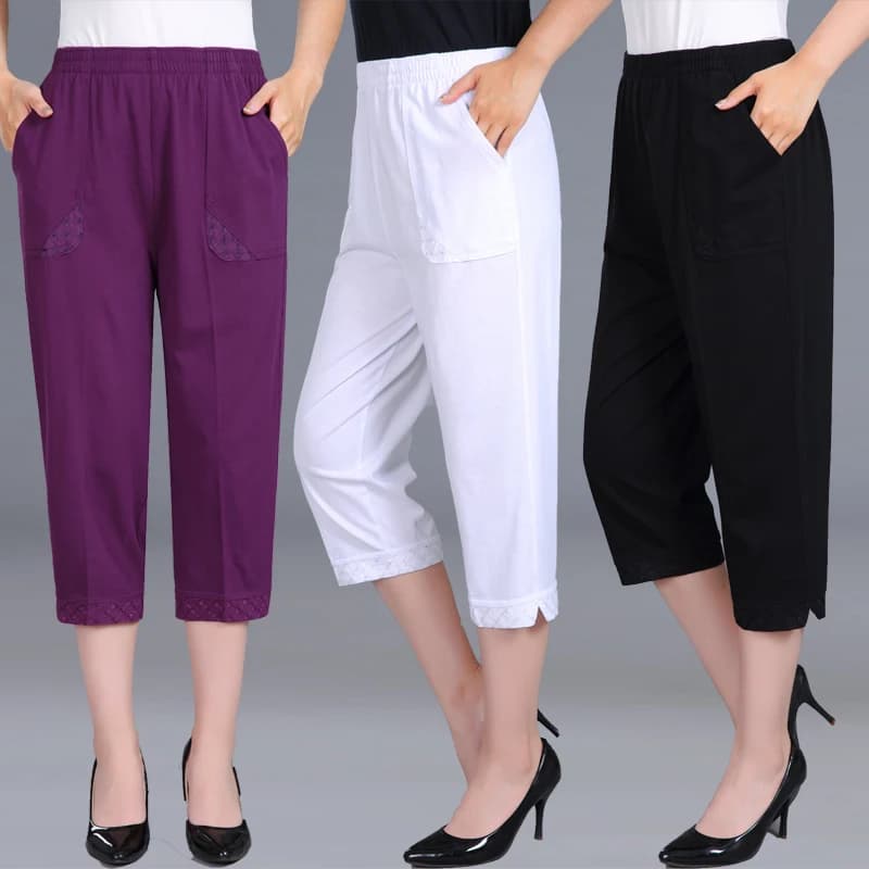 2026 Summer Women's Capris Pants Women Plus Size 4XL Loose Casual Elastic Waist Middle Pants Woman Pure Cotton Clothing