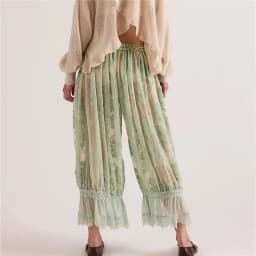 Boho Vintage Women Lace Trim Long Bloomers Y2k Elastic Mid Rise Floral Ruffle Pantaloons Flared Slips Pants Pajama Bottoms