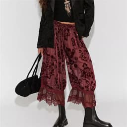 Boho Vintage Women Lace Trim Long Bloomers Y2k Elastic Mid Rise Floral Ruffle Pantaloons Flared Slips Pants Pajama Bottoms
