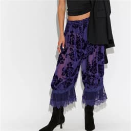 Boho Vintage Women Lace Trim Long Bloomers Y2k Elastic Mid Rise Floral Ruffle Pantaloons Flared Slips Pants Pajama Bottoms