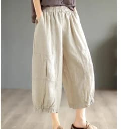 Women's Pure Color Linen Wide Leg Pants Elastic Waist Loose Slimming Casual Trousers High Waist Nine Points Summer Faion