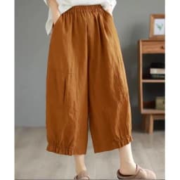 Women's Pure Color Linen Wide Leg Pants Elastic Waist Loose Slimming Casual Trousers High Waist Nine Points Summer Faion