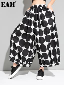 [EAM] High Elastic Waist Black Dot Printed Long Wide Leg Trousers New Loose Fit Pants Women Fashion Spring Autumn 2026 1DE6981