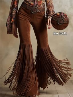 2026 Women's Retro Western Tassel New Suede Pants Spring And Summer Personality Street Solid Color Mid-waist Micro Trousers