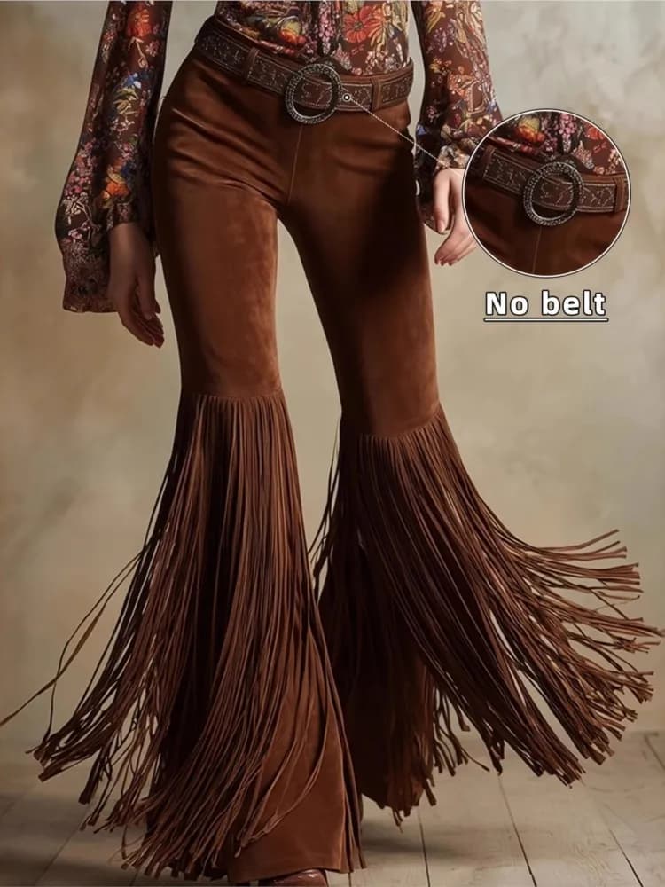 2026 Women's Retro Western Tassel New Suede Pants Spring And Summer Personality Street Solid Color Mid-waist Micro Trousers