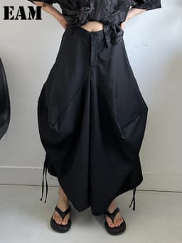[EAM] High Elastic Waist Black Irregular Bandage Shaped Wide Leg Pants New Trousers Women Fashion Spring Autumn 2026 1DJ1234