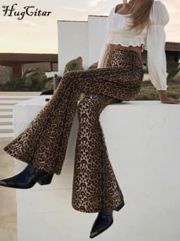 Hugcitar High Waist Leopard Print Flare Leggings 2025 Spring Women Fashion Sexy Bodycon Trousers Club Pants