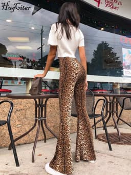Hugcitar High Waist Leopard Print Flare Leggings 2025 Spring Women Fashion Sexy Bodycon Trousers Club Pants