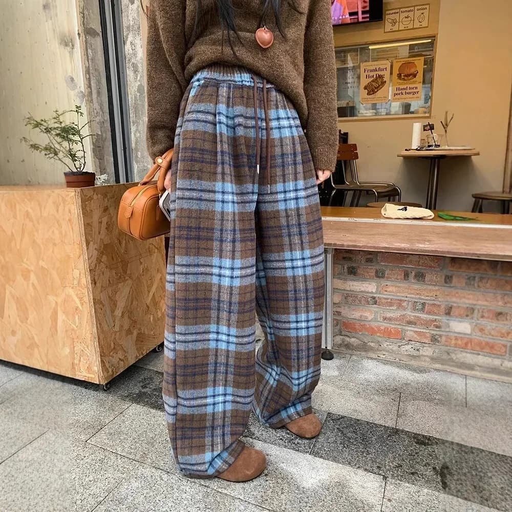 Blue Plaid Thickened Woolen Casual Pants Straight Leg Wide Leg Floor Length Trousers Autumn Winter New Style Trendy Women's Long