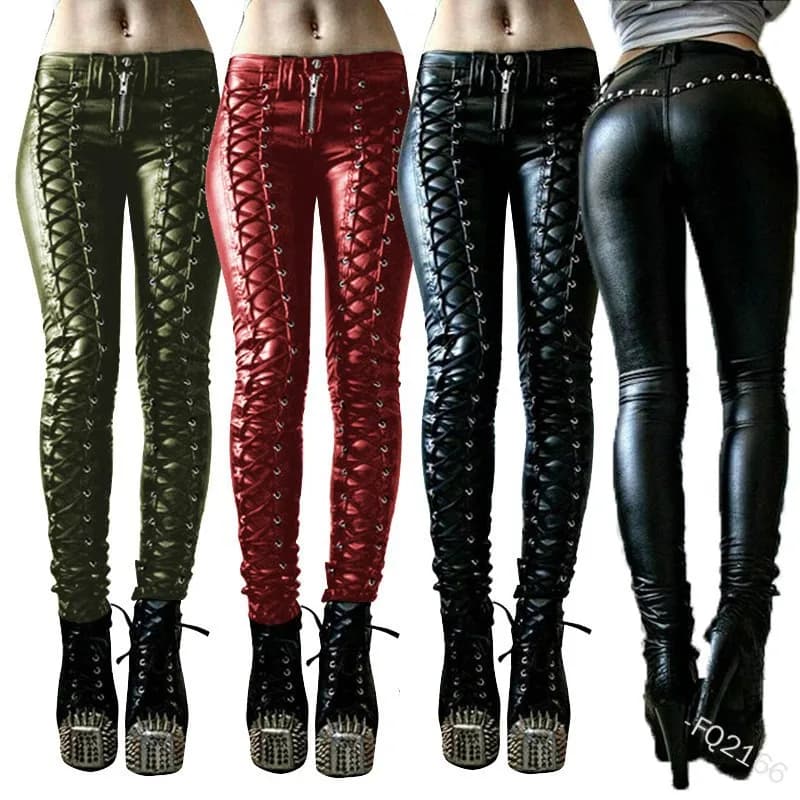Women's New Fashion Tight Skinny Pants PU Faux Leather High Waist Smooth Touch Elastic Fit Wrinkle Resistant Casual Long Pants