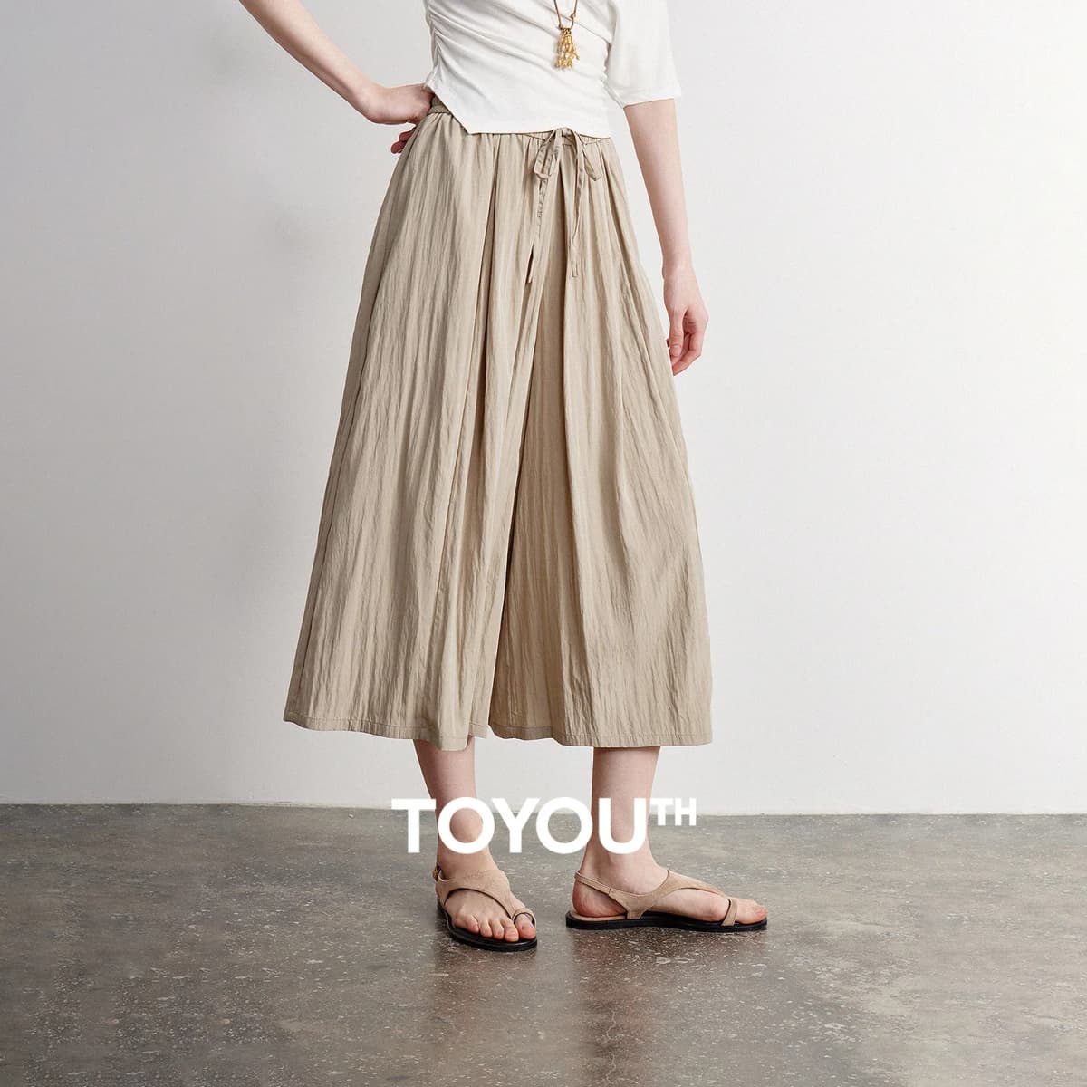 TOYOUTH Women Casual Pants 2026 Summer New Nine Inch Silhouette Light Style Wide Leg Pants