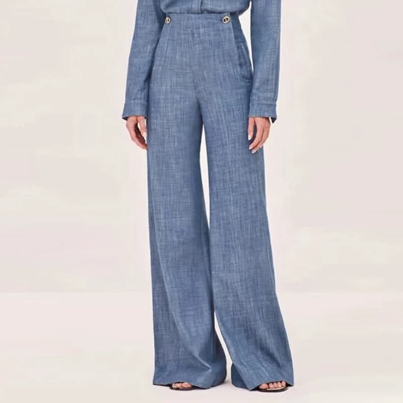Krisstargirl 2025 New Fashion Simple Casual Straight Leg Pants for Women Blue High Waisted Trousers for Office Ladies Clothing