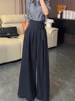Korean Royal Sister Style Gray Suit Pants Women's 2025 New High Waist Drape Strap Design Wide Leg Trousers