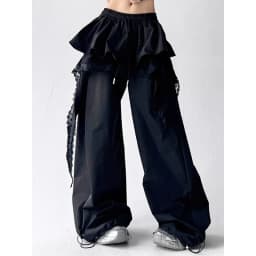 MEXZT Y2K Black Cargo Pants Women Streetwear Lace Patchwork White Wide Leg Pants Summer Gyaru Harajuku Korean Baggy Trousers New