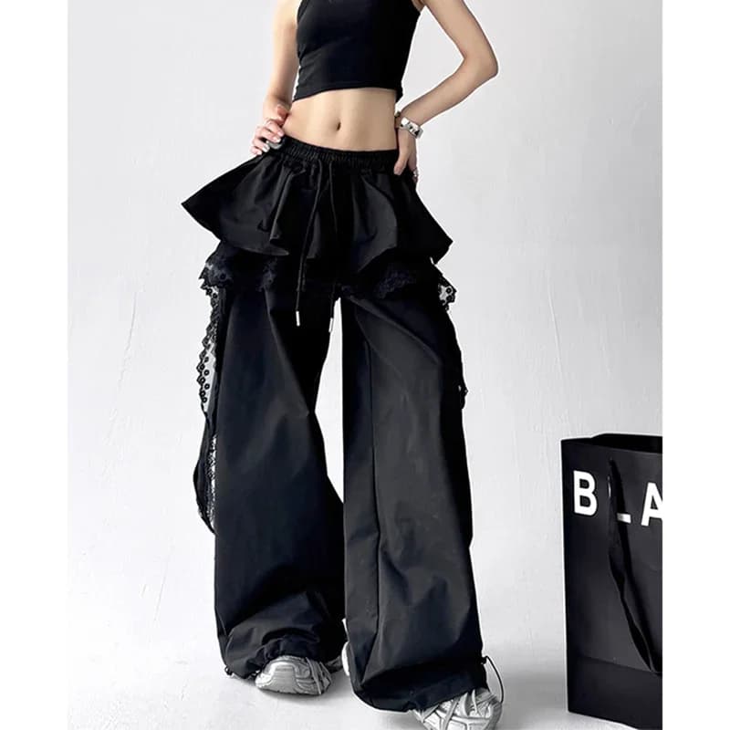 MEXZT Y2K Black Cargo Pants Women Streetwear Lace Patchwork White Wide Leg Pants Summer Gyaru Harajuku Korean Baggy Trousers New