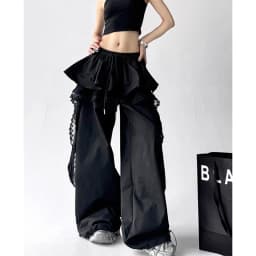 MEXZT Y2K Black Cargo Pants Women Streetwear Lace Patchwork White Wide Leg Pants Summer Gyaru Harajuku Korean Baggy Trousers New