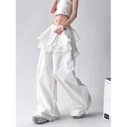 MEXZT Y2K Black Cargo Pants Women Streetwear Lace Patchwork White Wide Leg Pants Summer Gyaru Harajuku Korean Baggy Trousers New