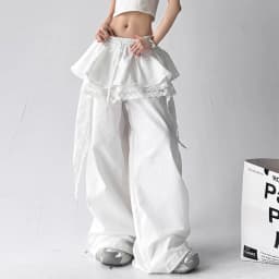 MEXZT Y2K Black Cargo Pants Women Streetwear Lace Patchwork White Wide Leg Pants Summer Gyaru Harajuku Korean Baggy Trousers New