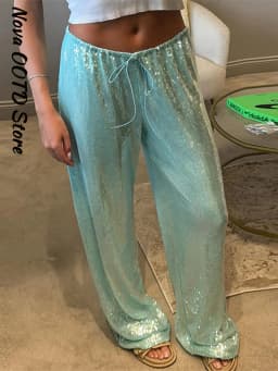 Sequin Loose Summer Women's Pants Low-rise Drawstring Straight Wide Leg Y2k Pant And Trousers New Beach Casual Clothes 2026