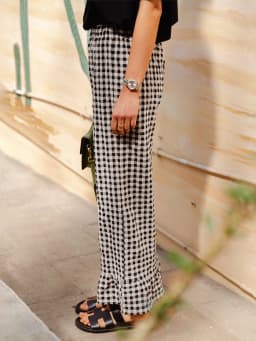 New Fashion Womens Y2k Plaid Wide Leg Pants Gingham Ruffled Hem Elastic Waistband Loose Casual Trousers Streetweart