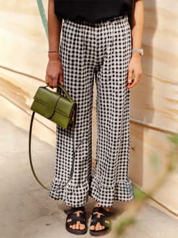 New Fashion Womens Y2k Plaid Wide Leg Pants Gingham Ruffled Hem Elastic Waistband Loose Casual Trousers Streetweart